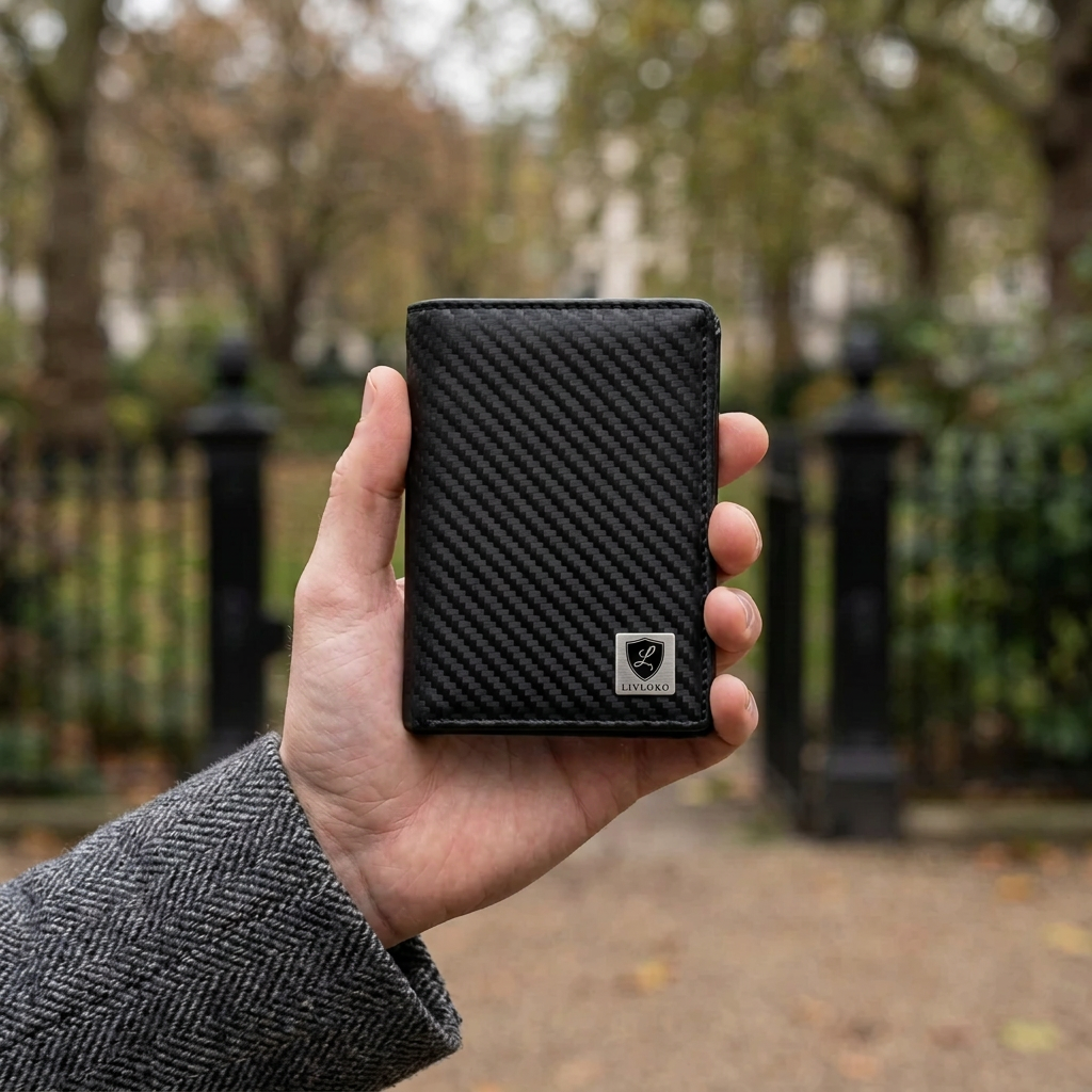 Man holding the LIVLOKO London black carbon fibre bifold wallet with LIVLOKO shield badge, London