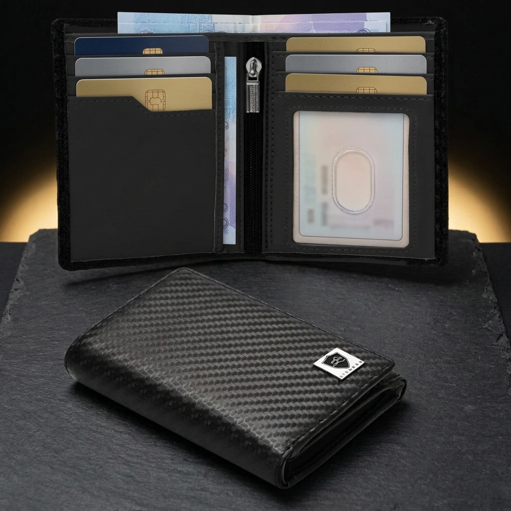 LIVLOKO London black carbon fibre style bifold wallet open in use with cards, ID window and banknotes