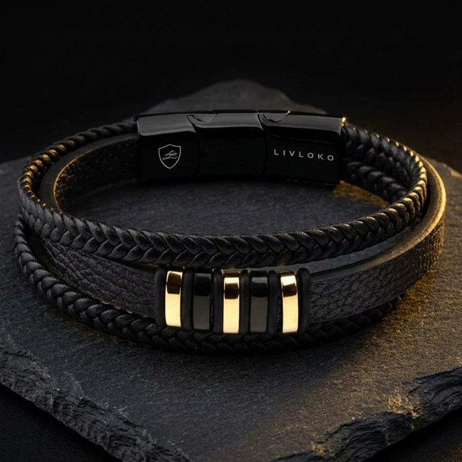 Men's Designer Black and Gold Leather Bracelet