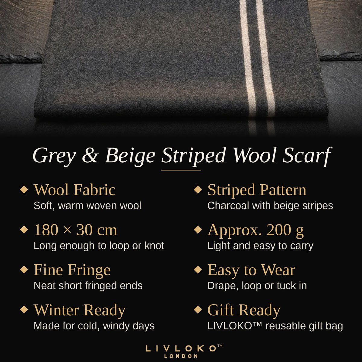 Key features of the LIVLOKO London men's grey and beige striped wool scarf, 180 x 30 cm