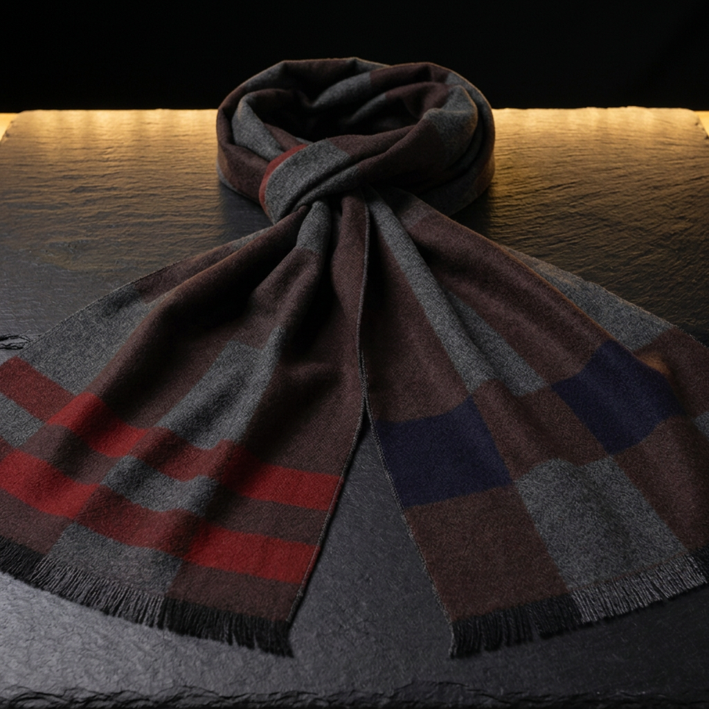 Men's grey and brown check wool scarf with blue and red, 180 × 30 cm, draped on dark slate by Livloko London