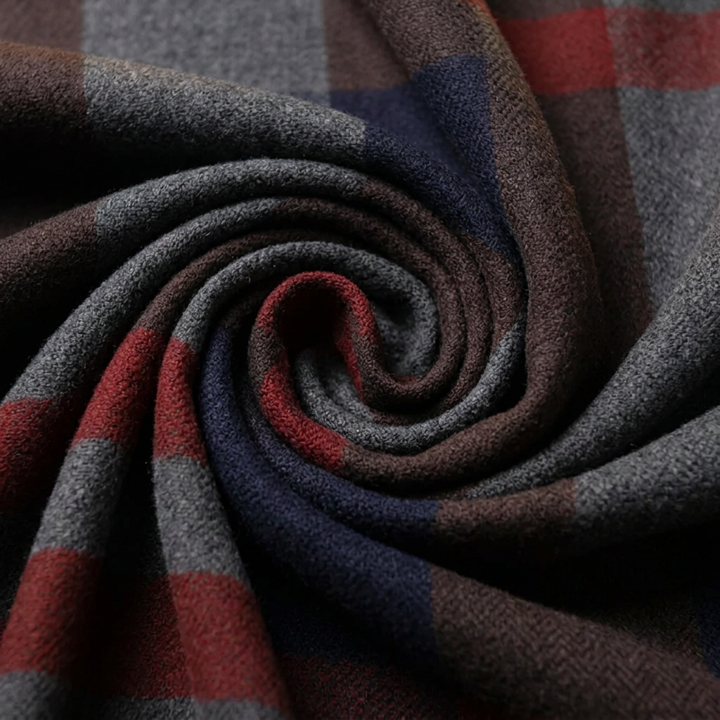 Close-up of the woven wool fabric of the men's grey, brown, blue and red check scarf