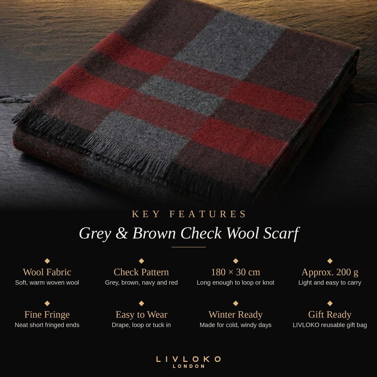 Key features of the men's grey and brown check wool scarf: wool fabric, 180 × 30 cm, approx. 200 g, gift bag