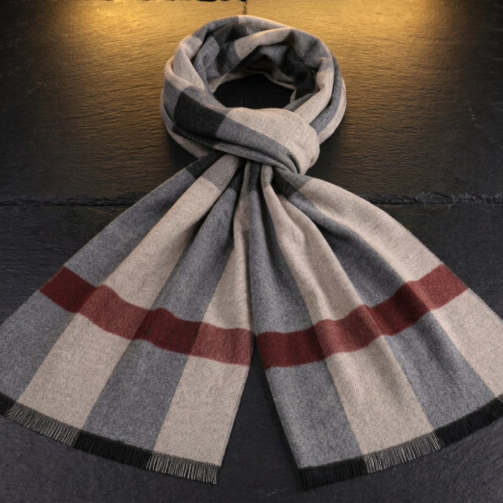 Men's grey and red check wool scarf, 180 × 30 cm, draped on dark slate by Livloko London