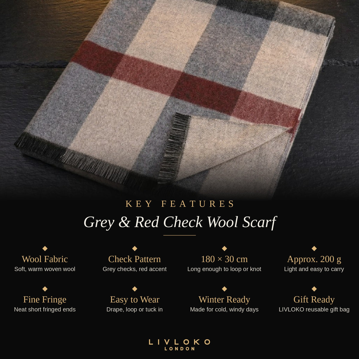 Key features of the men's grey and red check wool scarf: wool fabric, 180 × 30 cm, approx. 200 g, gift bag