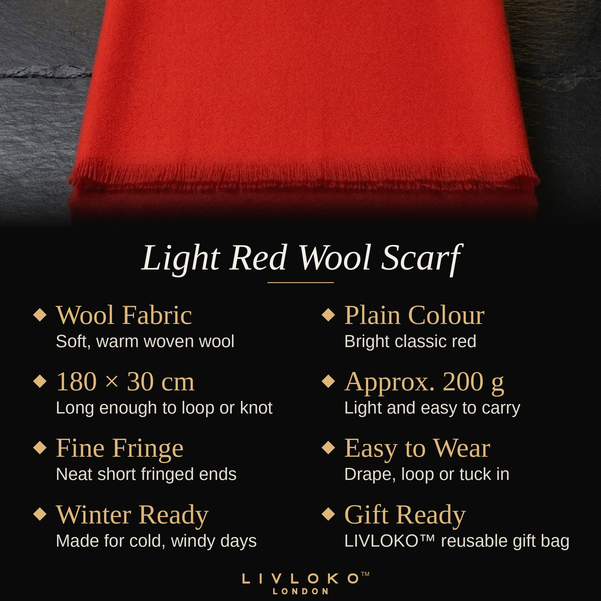 Key features of the men's light red wool scarf: wool fabric, 180 × 30 cm, approx. 200 g, gift bag