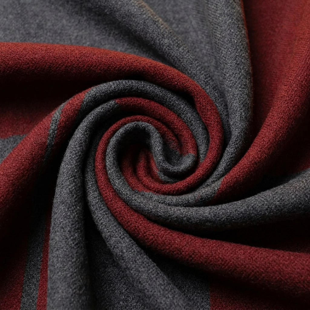 Close-up of the woven wool fabric of the men's maroon and grey striped scarf