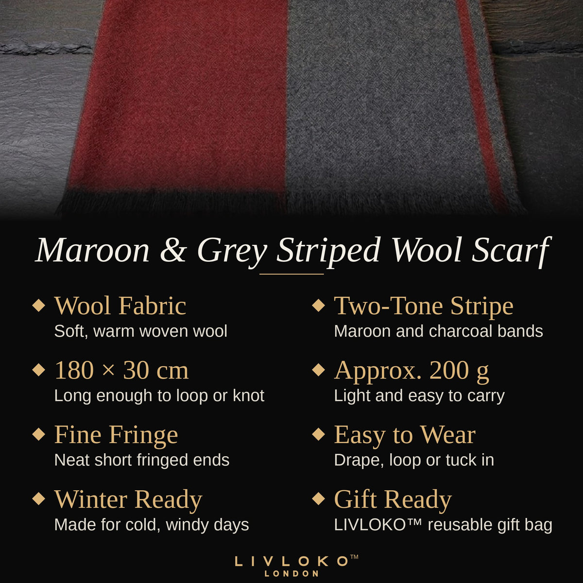 Key features of the men's maroon and grey striped wool scarf: wool fabric, 180 × 30 cm, approx. 200 g, gift bag