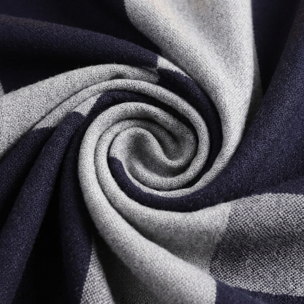 Close-up of the woven wool fabric of the men's navy and grey check scarf