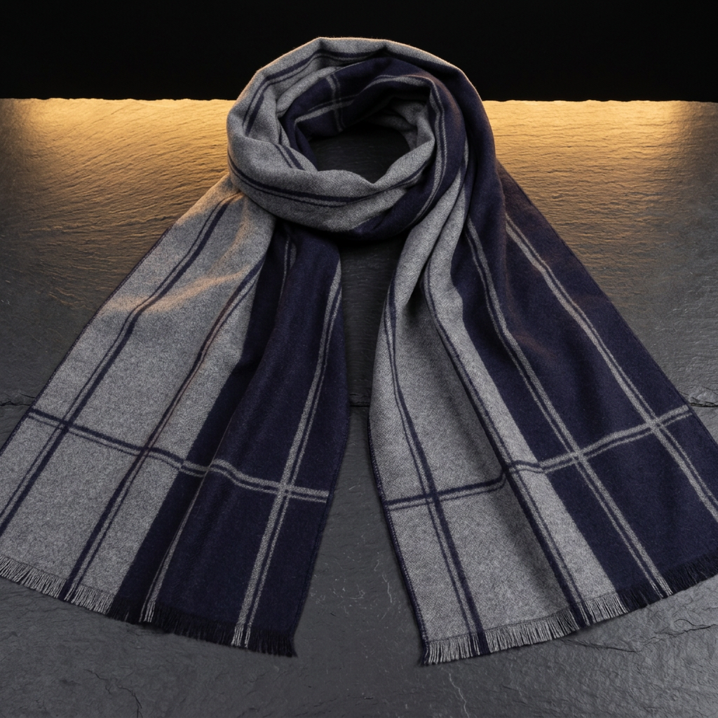Men's navy and grey striped wool scarf, 180 × 30 cm, draped on dark slate by Livloko London
