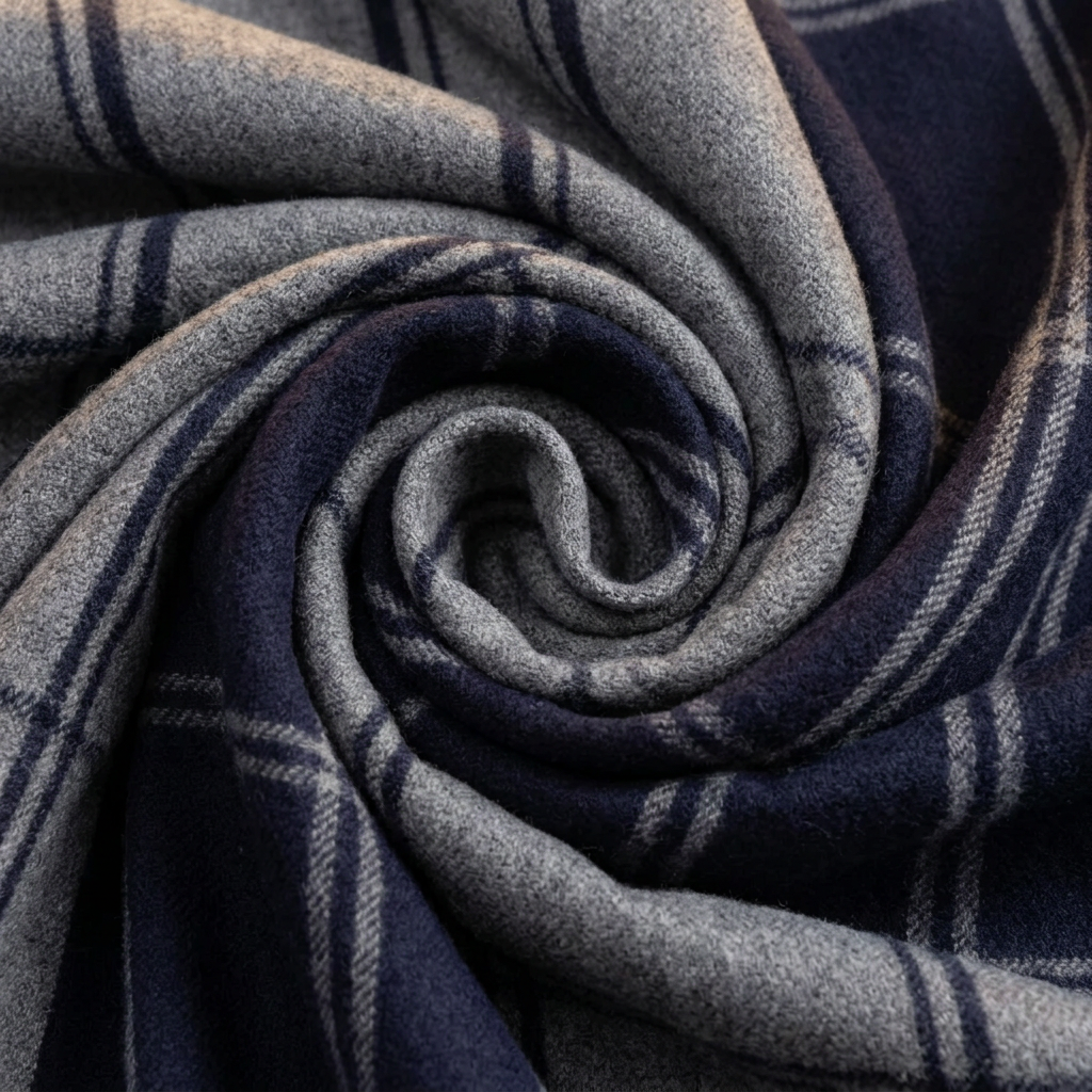 Close-up of the woven wool fabric of the men's navy and grey striped scarf