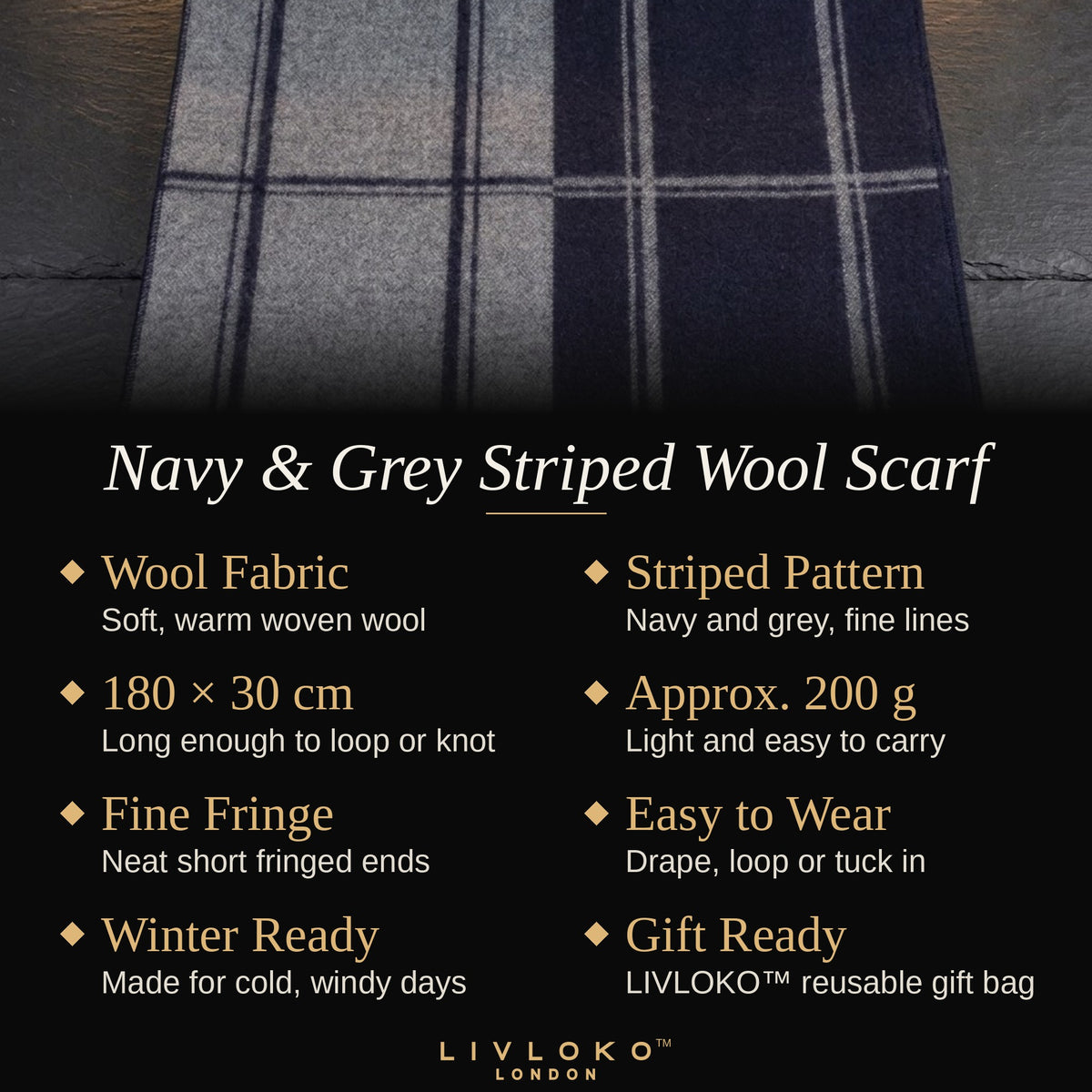 Key features of the men's navy and grey striped wool scarf: wool fabric, 180 × 30 cm, approx. 200 g, gift bag