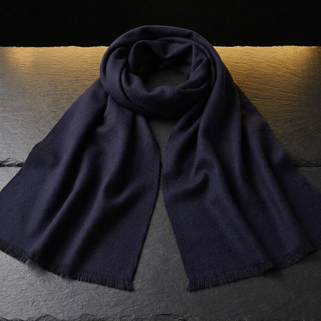 LIVLOKO London men's navy wool scarf on dark slate