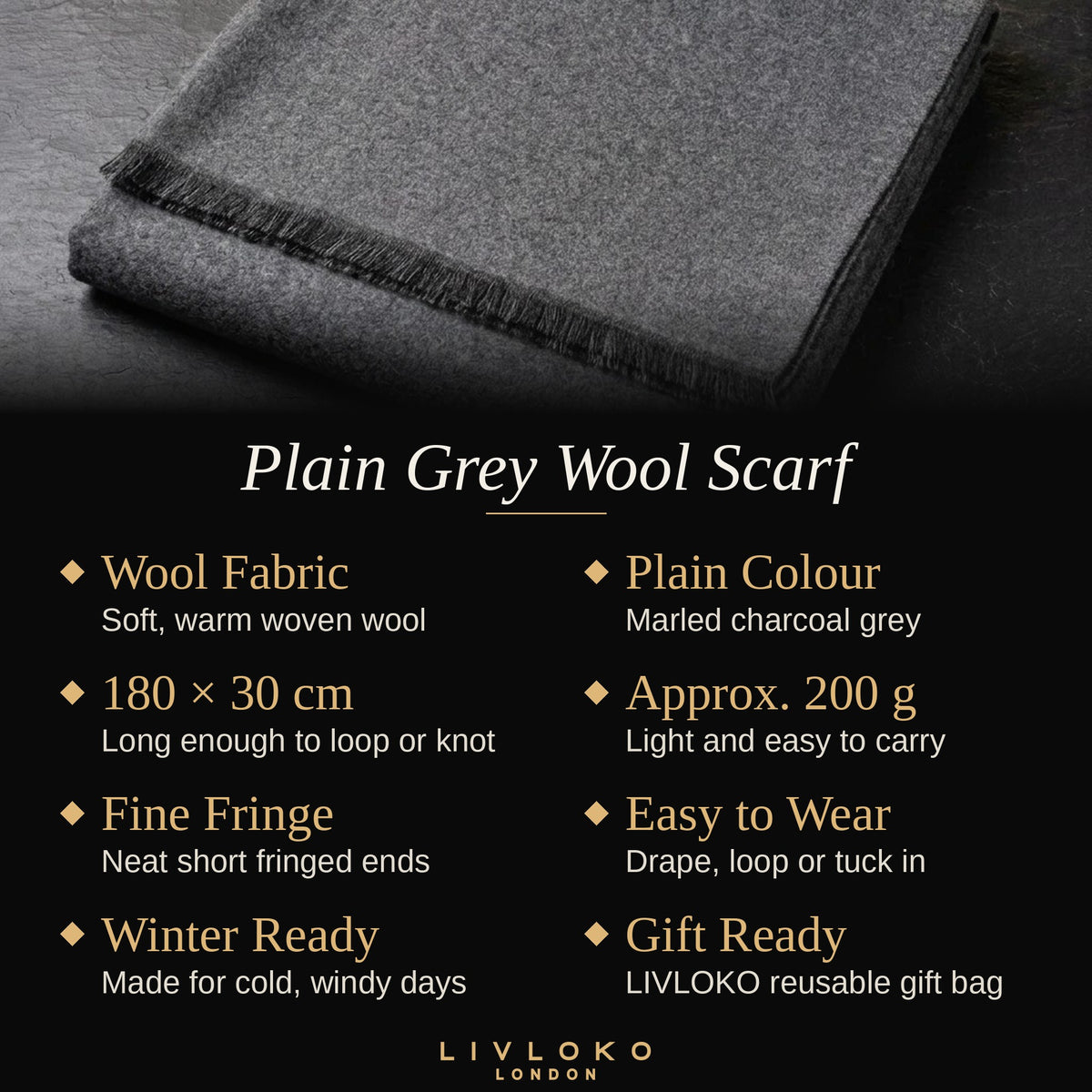 Key features of the men's plain grey wool scarf: wool fabric, 180 × 30 cm, approx. 200 g, gift bag