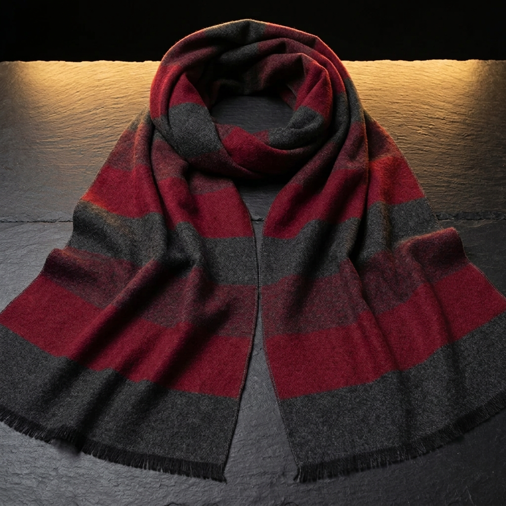 Men's red, brown and grey striped wool scarf, 180 × 30 cm, draped on dark slate by Livloko London