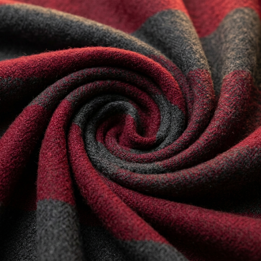 Close-up of the woven wool fabric of the men's red and grey striped scarf