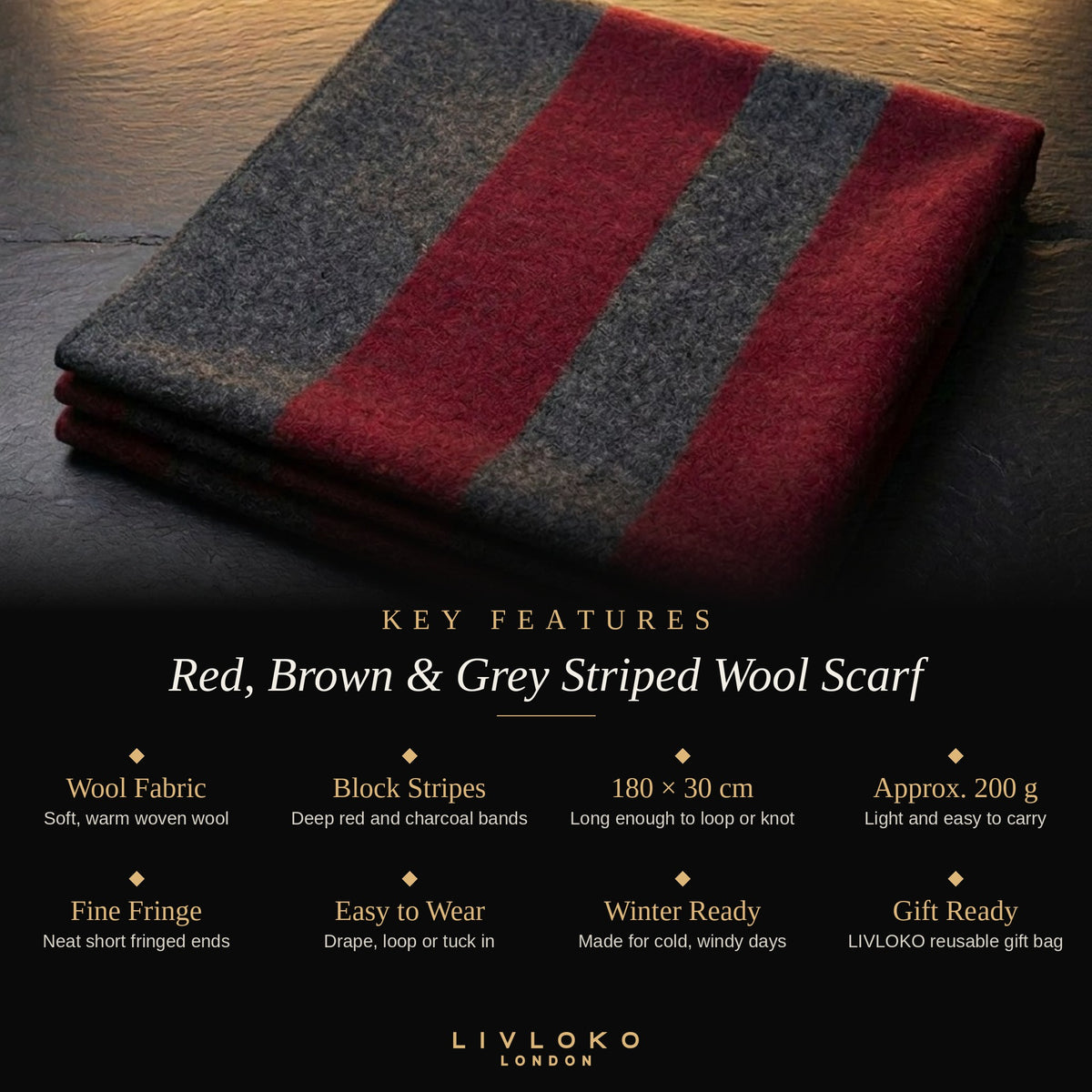 Key features of the men's red, brown and grey striped wool scarf: wool fabric, 180 × 30 cm, approx. 200 g, gift bag