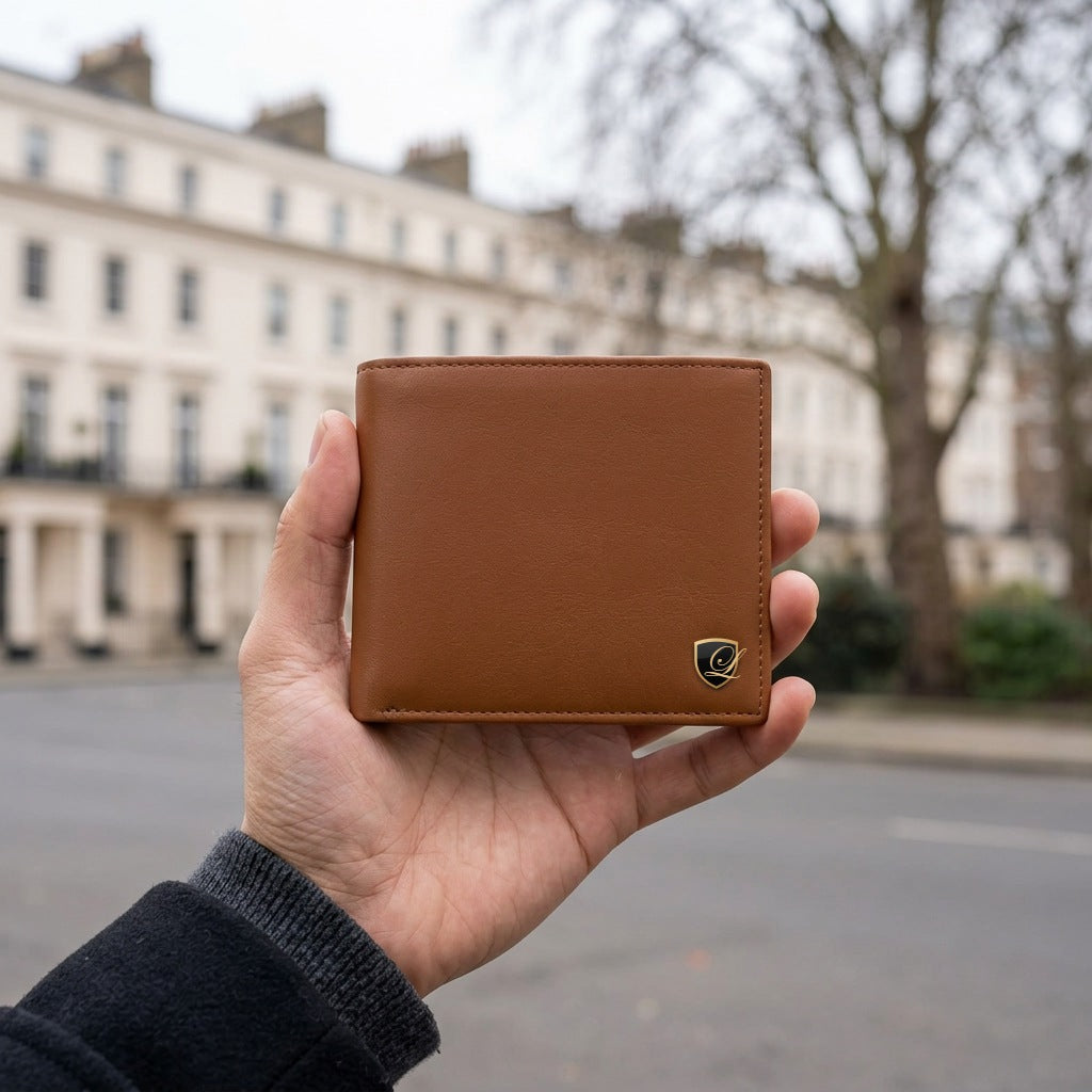 Man holding the LIVLOKO London soft brown genuine leather RFID wallet with LIVLOKO shield badge, London