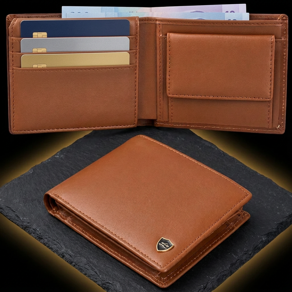 LIVLOKO London soft brown leather RFID wallet open in use with cards, banknotes and coin pocket