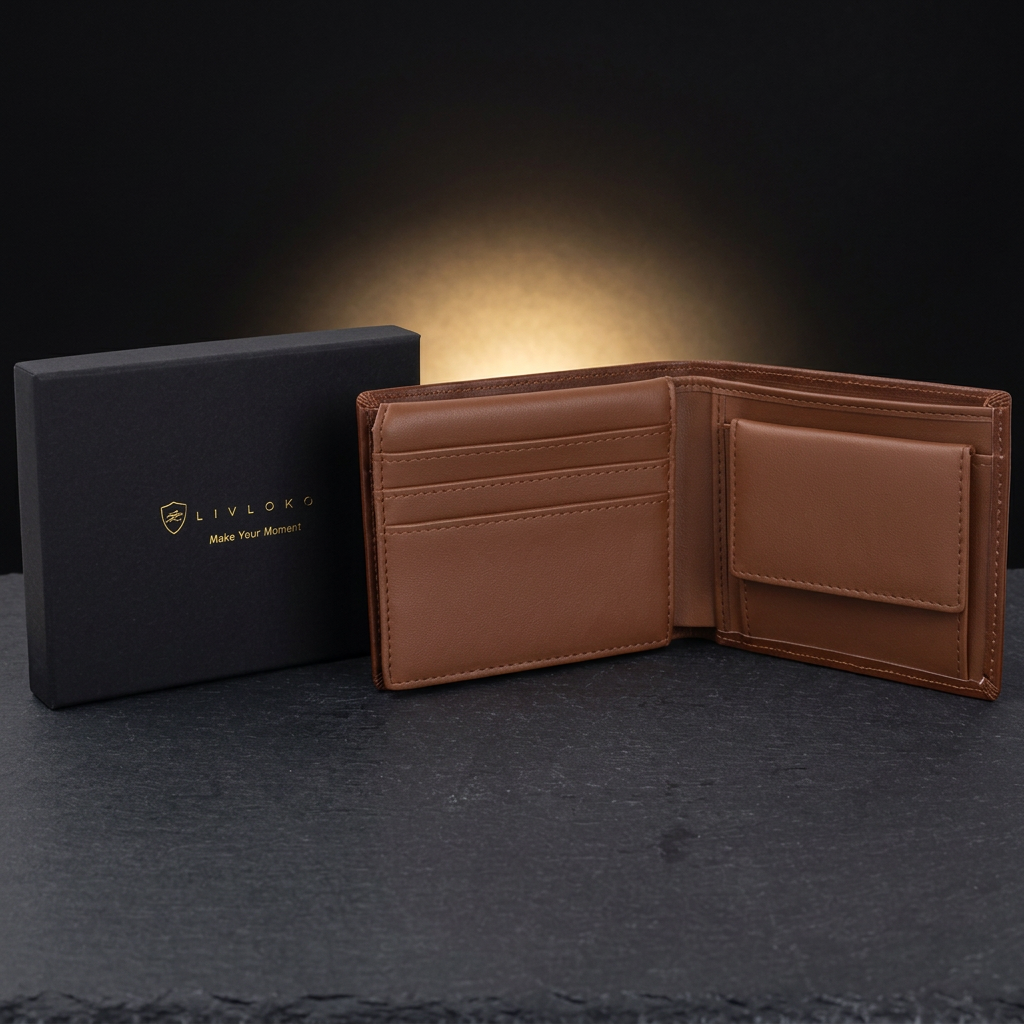 LIVLOKO London soft brown leather wallet shown with its black gift box on dark slate