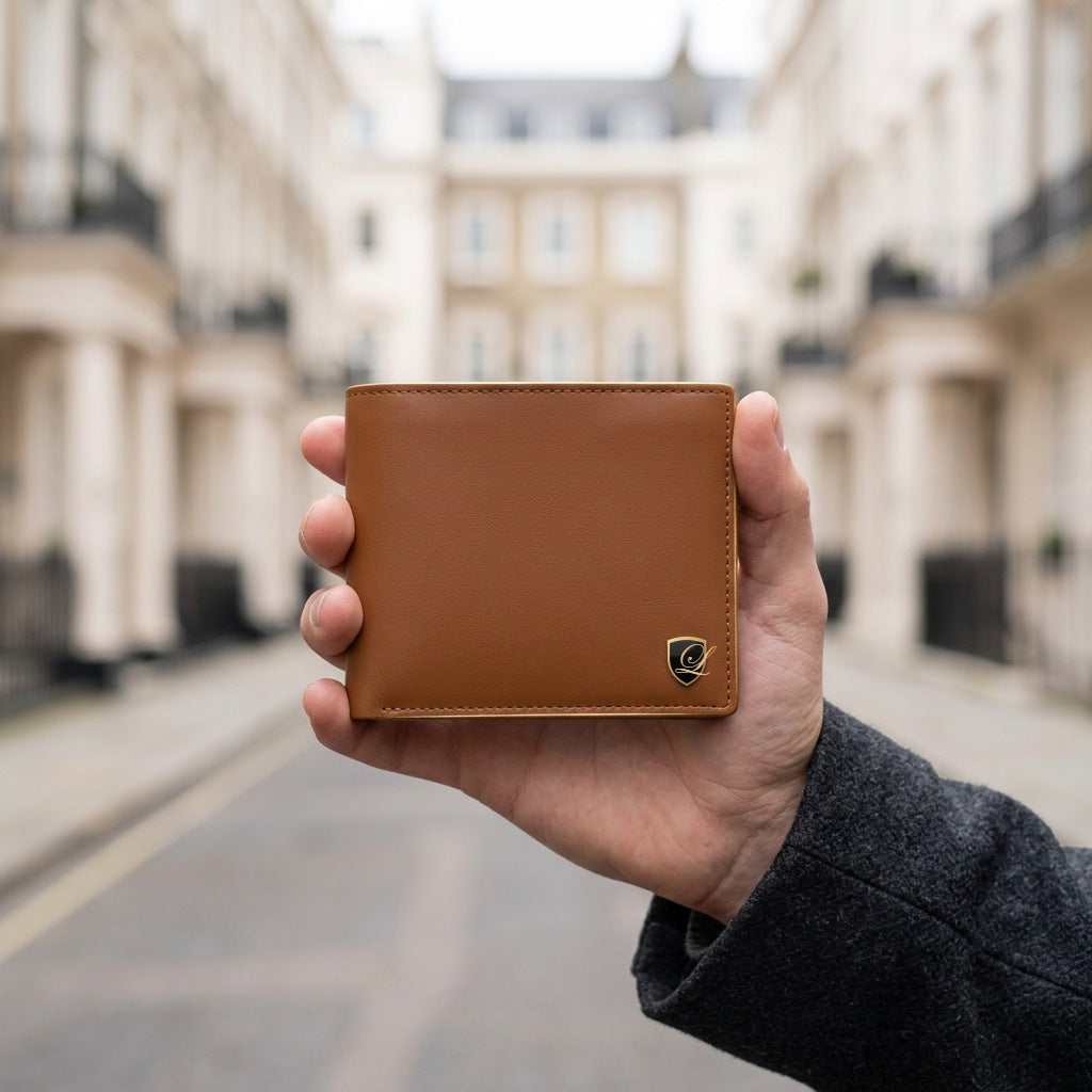 Man holding the LIVLOKO London tan genuine leather RFID bifold wallet with LIVLOKO shield badge, London