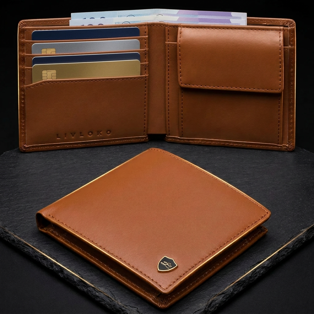 LIVLOKO London men's tan leather RFID bifold wallet open in use with cards and banknotes