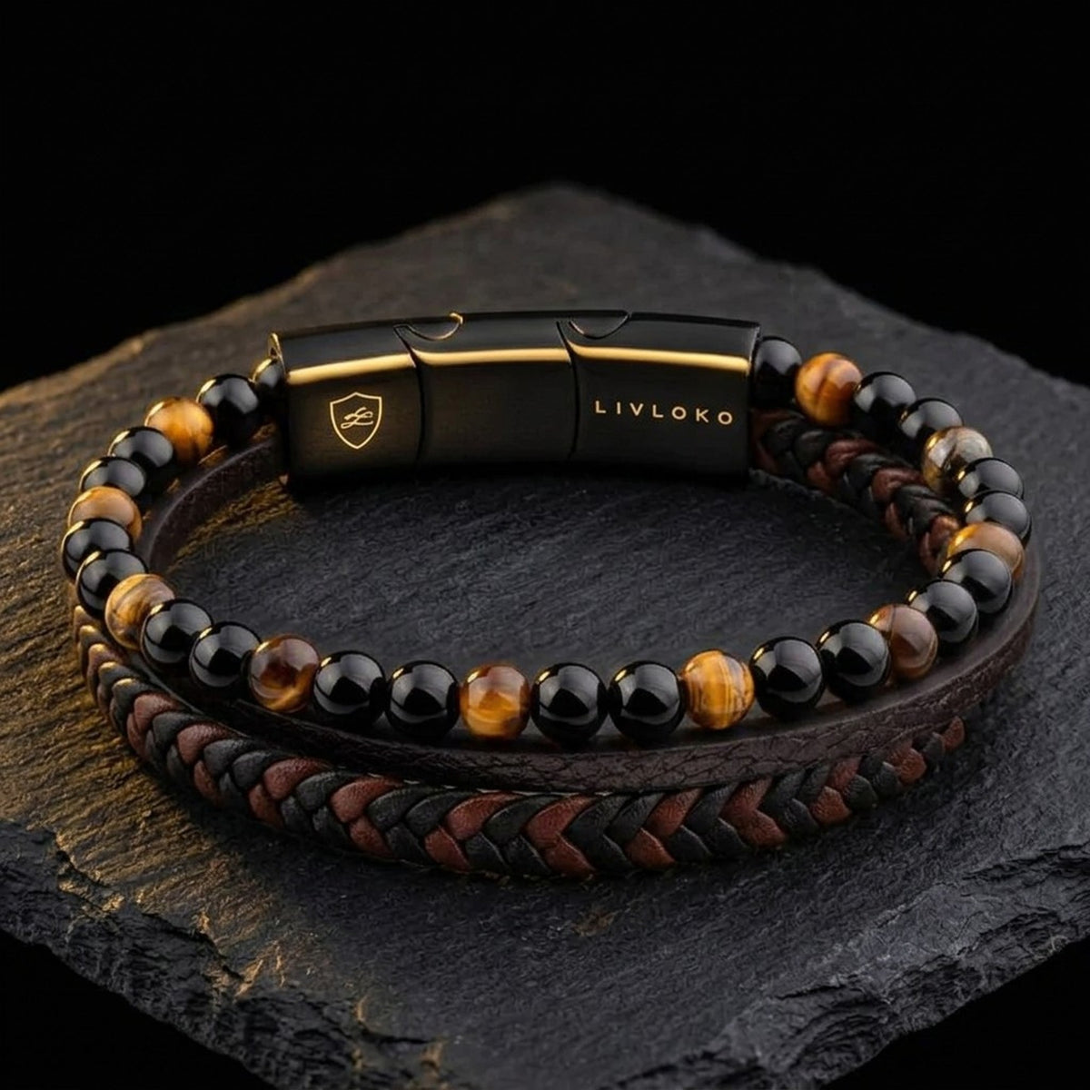 Men's tiger eye bracelet with black agate beads, braided leather and magnetic stainless steel clasp by LIVLOKO London