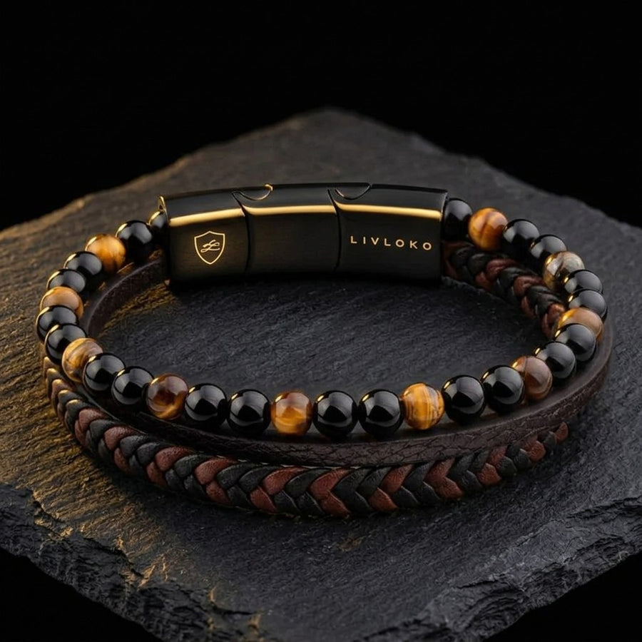 Men’s Tiger Eye & Agate Bracelet with Braided Leather, Magnetic Clasp