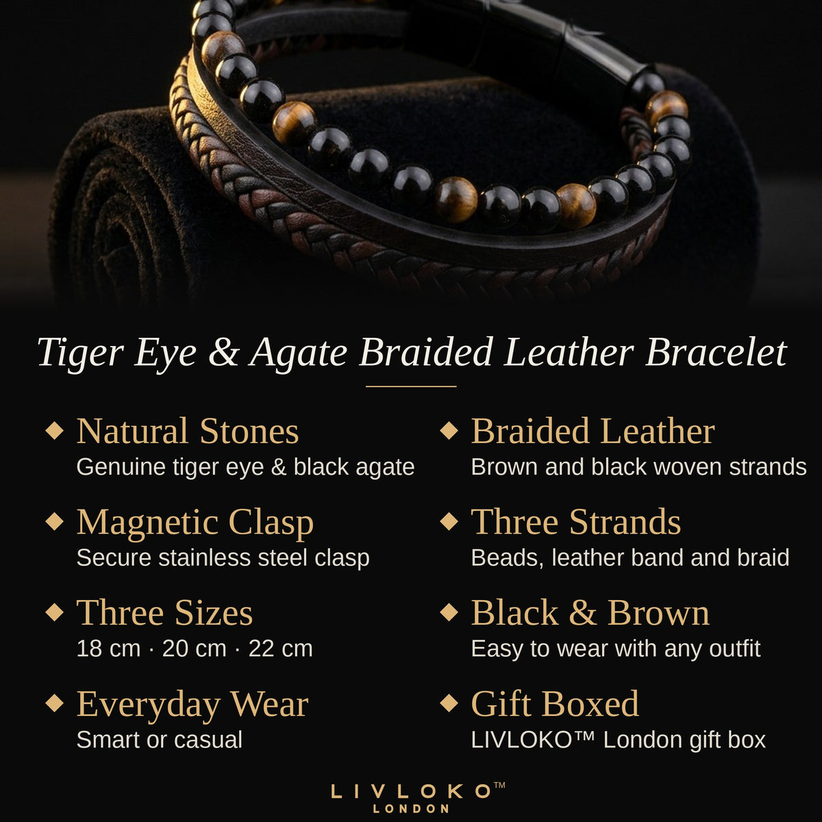 Features of the men's tiger eye and agate braided leather bracelet: genuine gemstones, magnetic clasp, gift boxed