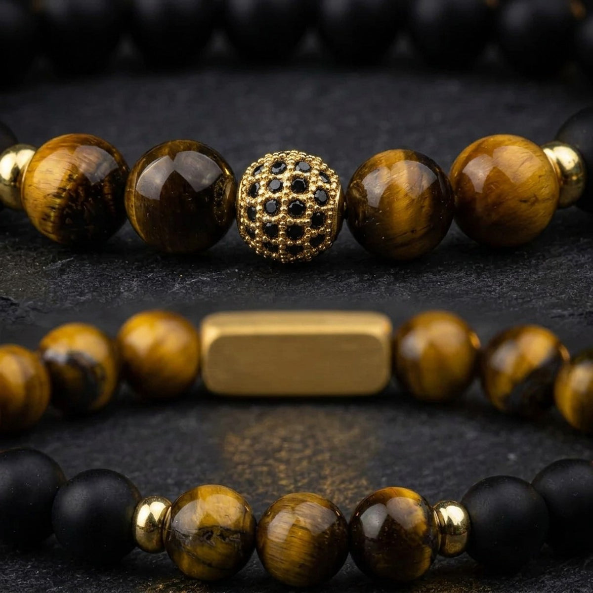 Close-up of natural tiger eye beads with gold accents on the men's tiger eye bracelet set
