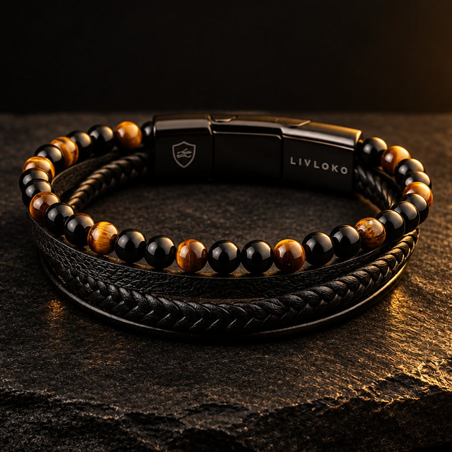 Men's Tiger Eye & Black Agate Leather Bracelet, Magnetic Clasp
