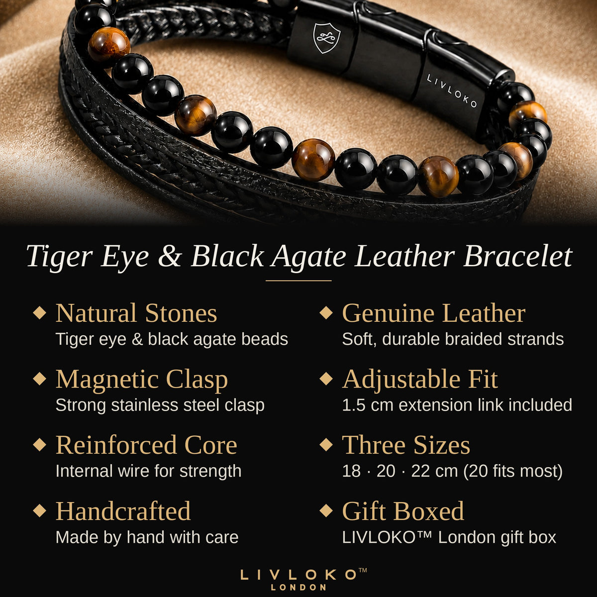 Features of the men's tiger eye and black agate leather bracelet: natural stones, genuine leather, magnetic clasp