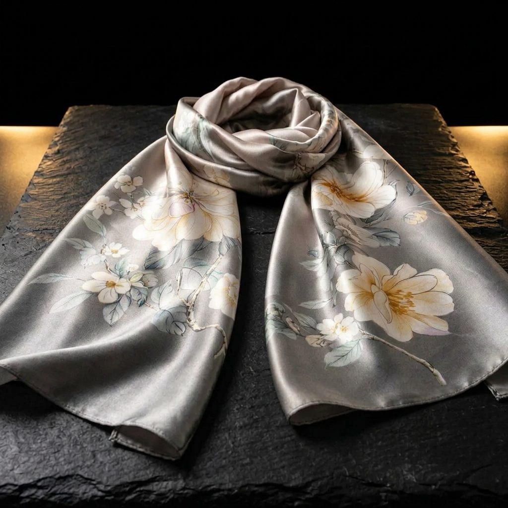 Midnight Blossom grey floral mulberry silk scarf, laid flat on dark slate