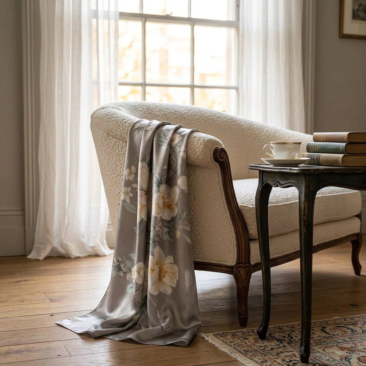 Midnight Blossom grey floral silk scarf draped over a cream armchair in a London living room
