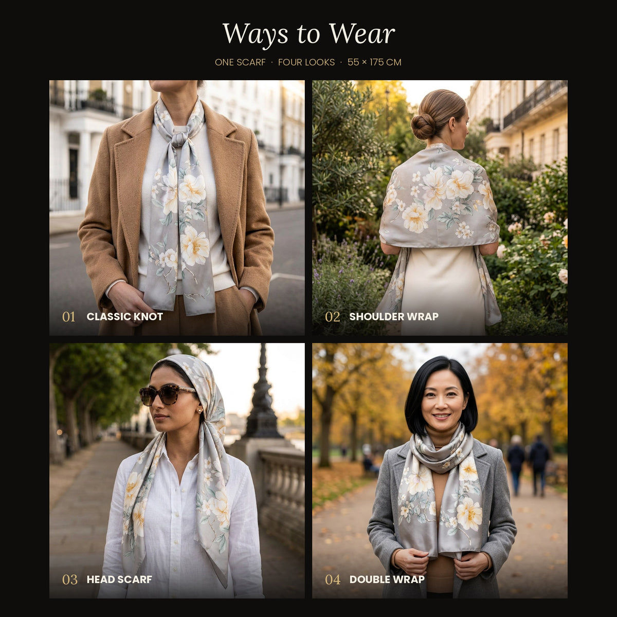 Four ways to wear the Midnight Blossom silk scarf: classic knot, shoulder wrap, head scarf and double wrap