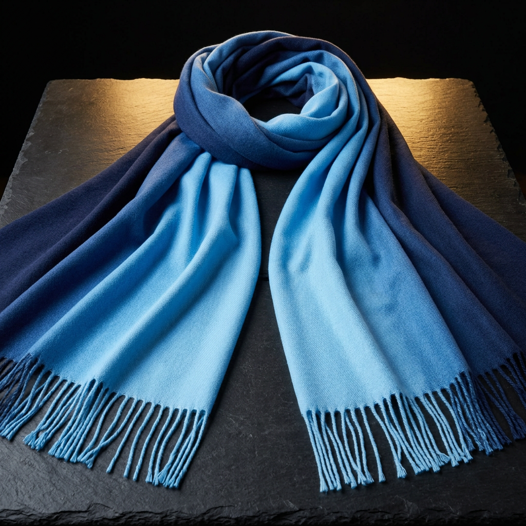 Navy and baby blue ombre pashmina shawl with tassel fringe, laid flat on dark slate