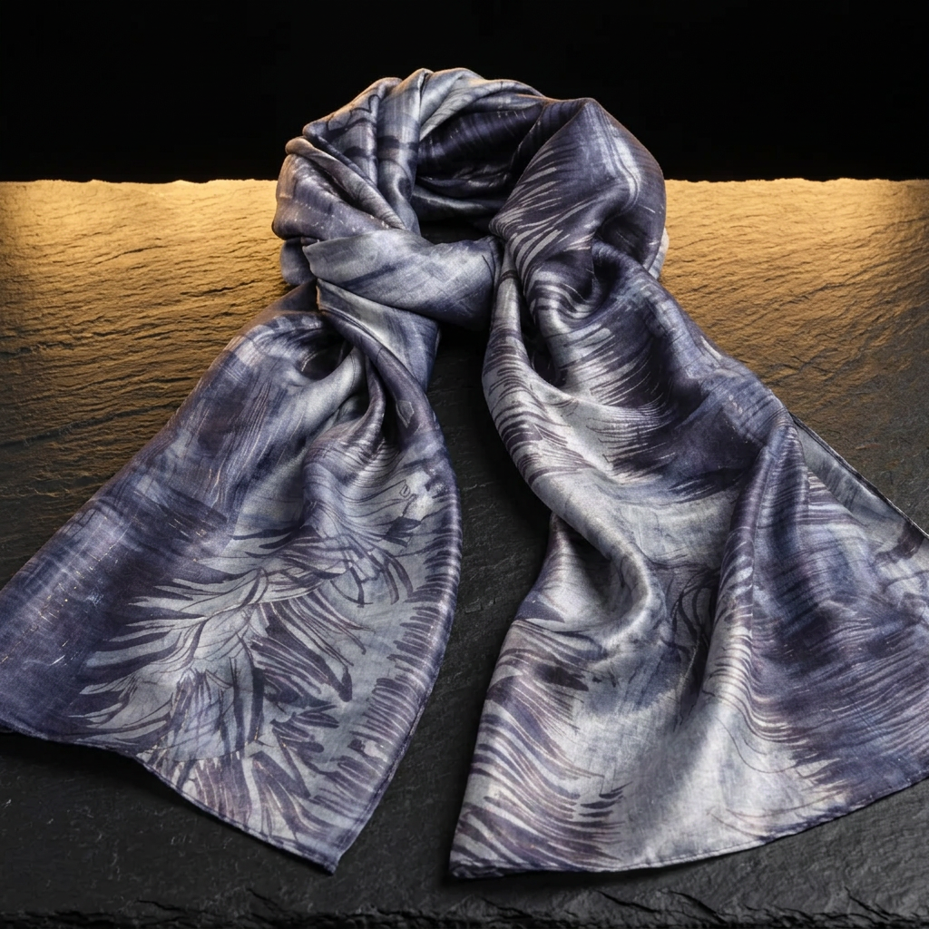 Nursery on Schenkweg grey and silver satin scarf for women, laid flat on dark slate