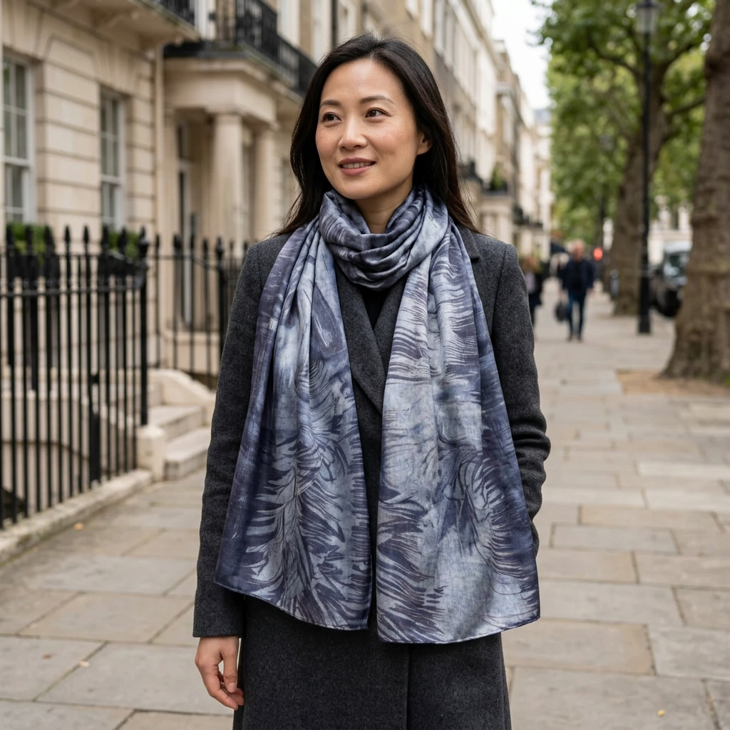 Woman in a grey coat wearing the Nursery on Schenkweg grey and silver satin scarf on a London street