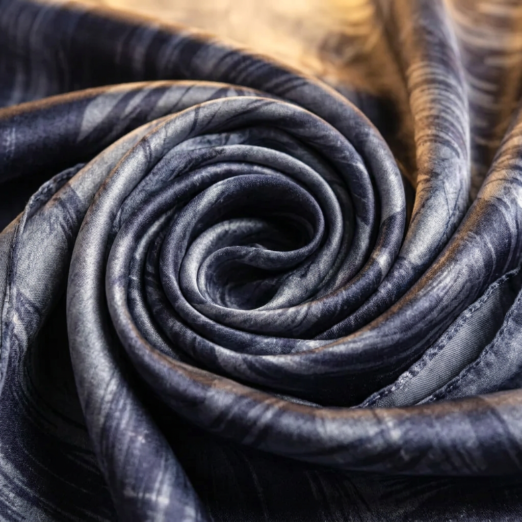 Close-up of the Livloko London Nursery on Schenkweg grey and silver satin scarf showing the print and satin sheen