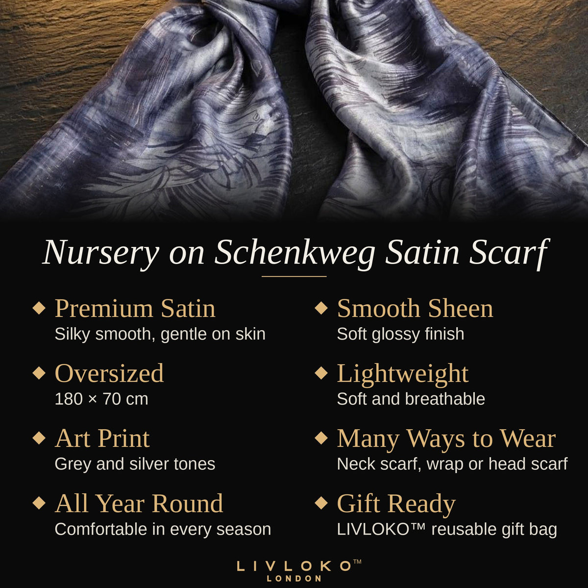 Features of the Nursery on Schenkweg grey and silver satin scarf: premium satin, 180 × 70 cm, lightweight