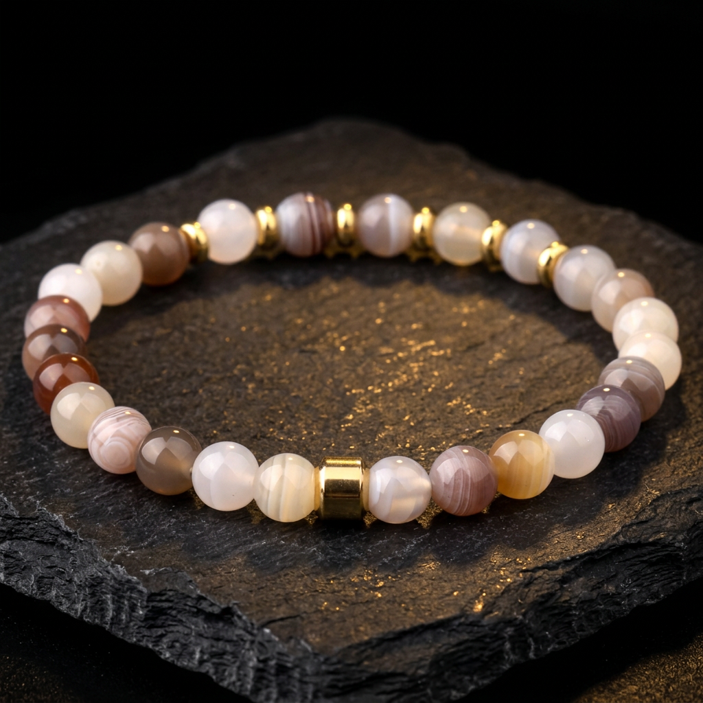 Women's onyx and moonstone crystal bead stretch bracelet with gold-tone accents by Livloko London