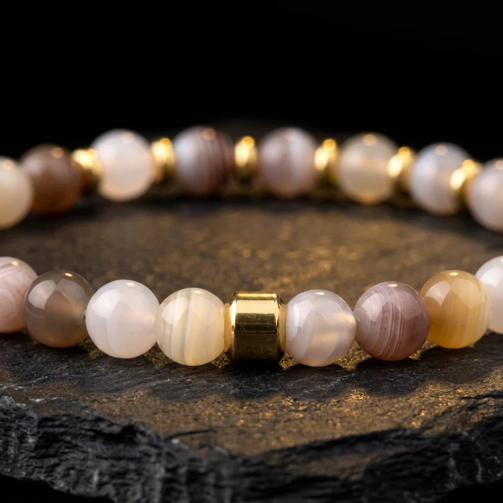 Close-up of the cream and brown banded stone beads and gold-tone accent on the Livloko London bracelet