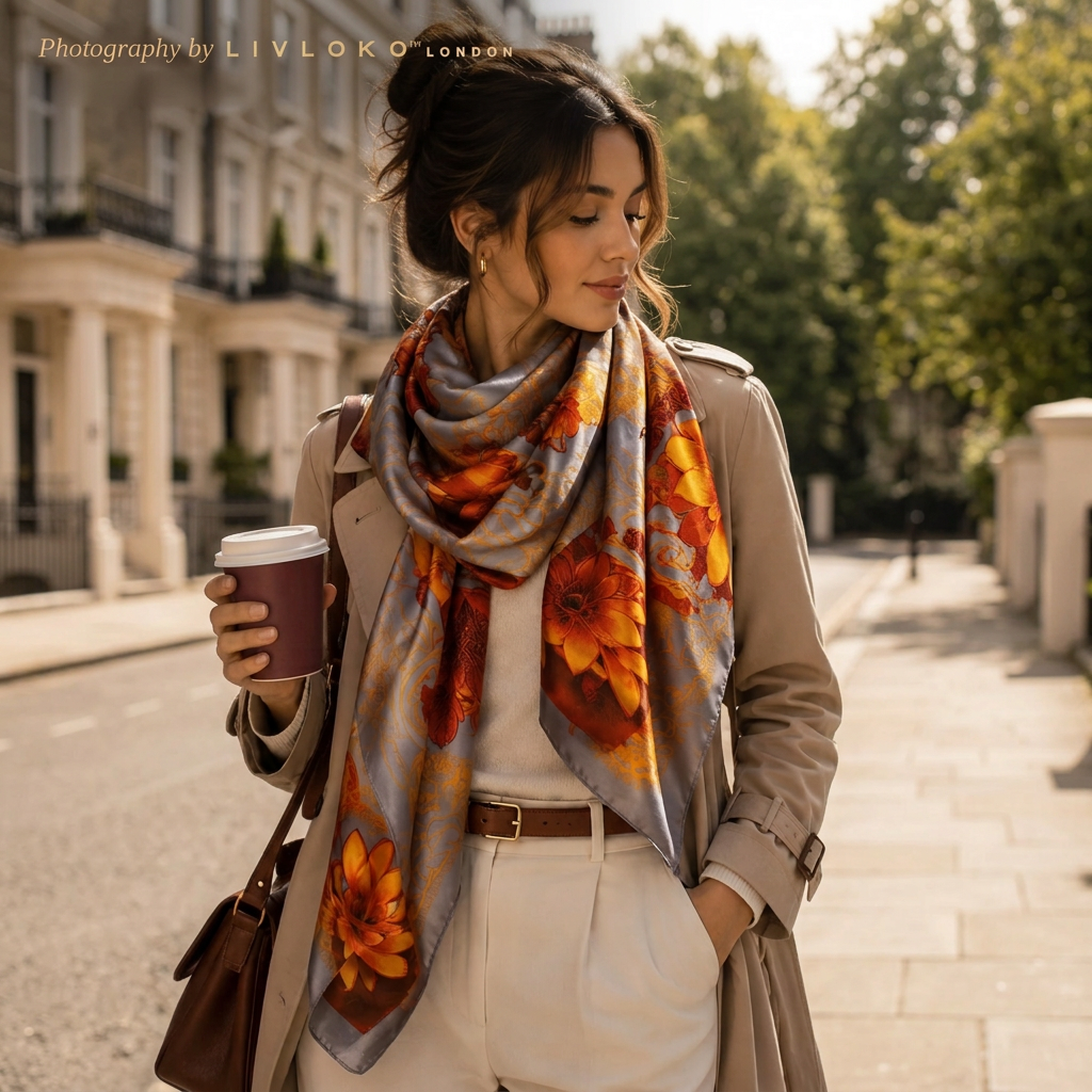 Woman wearing the LIVLOKO London orange and silver floral satin scarf in London