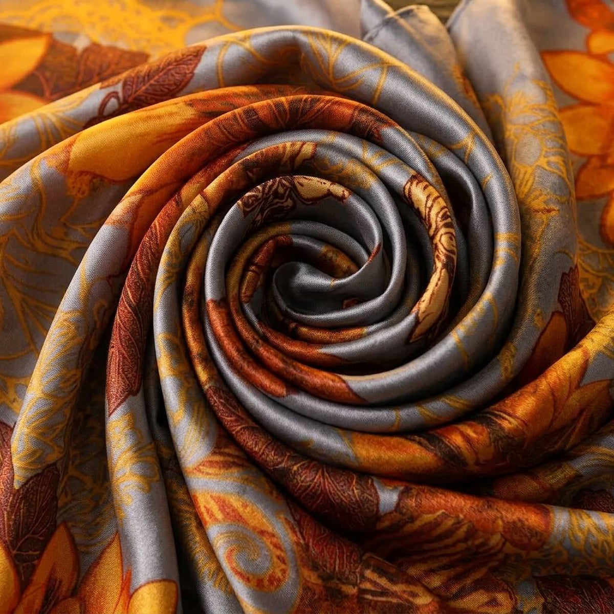 Close-up of the satin scarf swirled to show warm orange flowers on cool silver