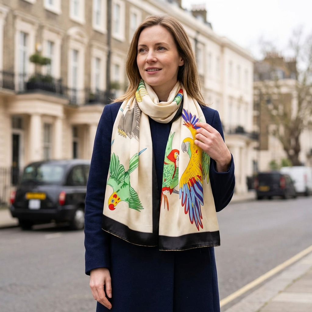 Woman wearing the Livloko London parrot print satin scarf with black border, 180 x 70 cm, over a navy coat in London