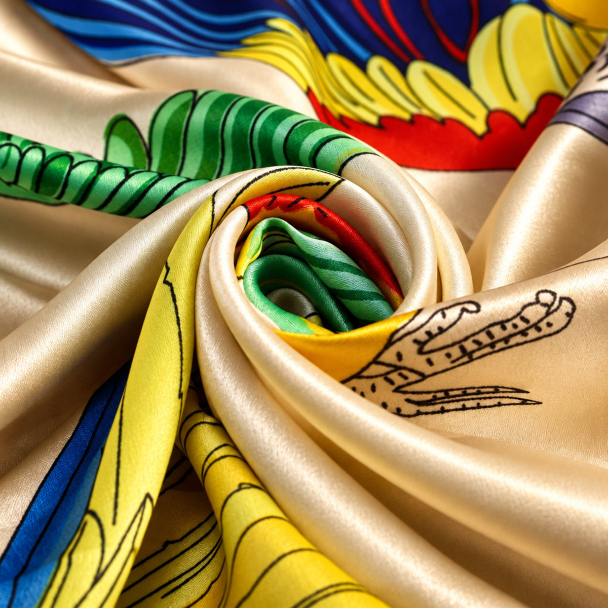 Close-up of glossy cream satin swirled to show the colourful parrot feather print