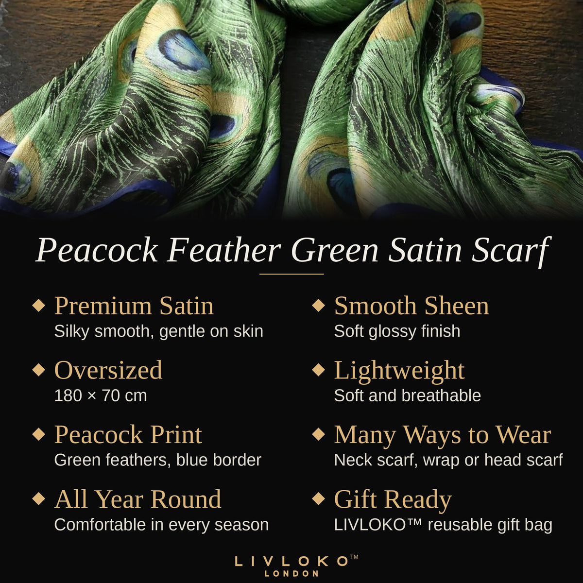 Key features of the peacock feather green satin scarf: premium satin, 180 × 70 cm, lightweight, many ways to wear