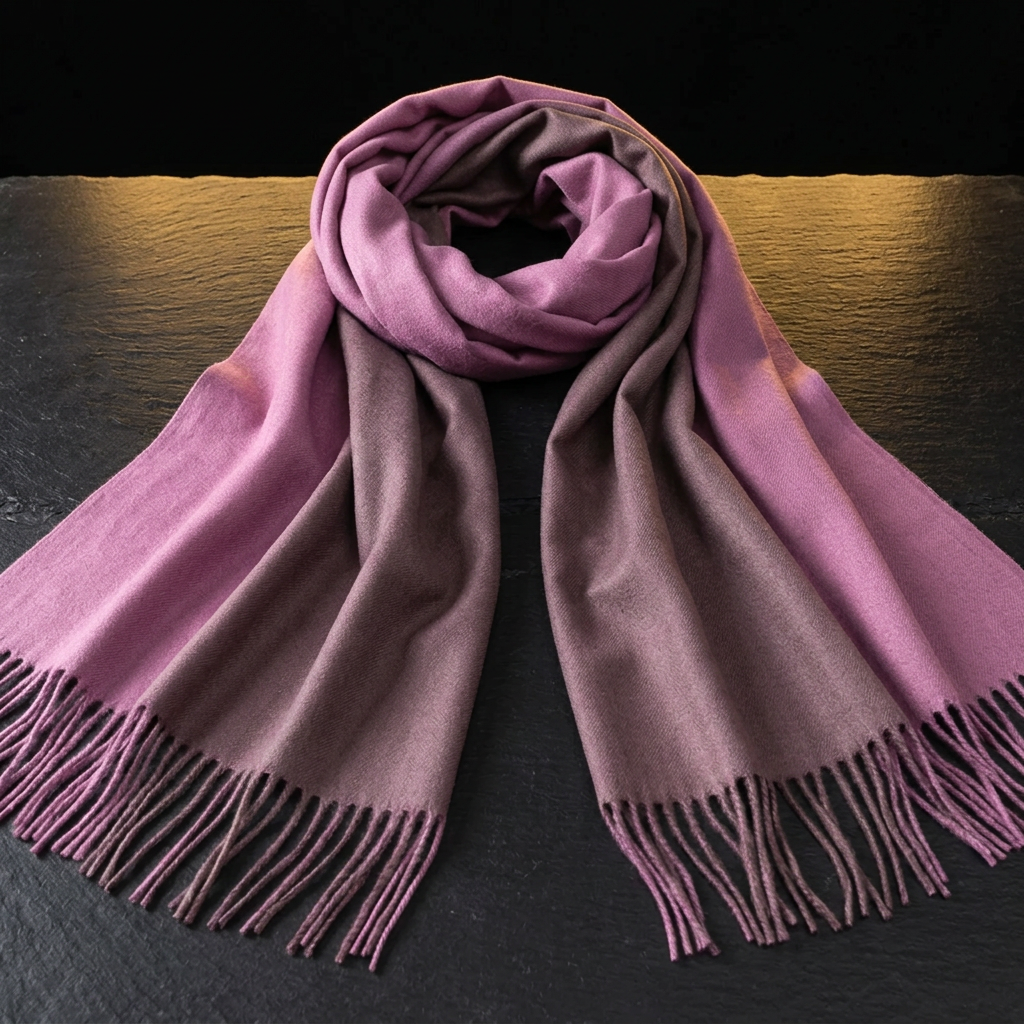 Pink and brown pashmina shawl in mauve pink and taupe with tassel fringe, laid flat on dark slate
