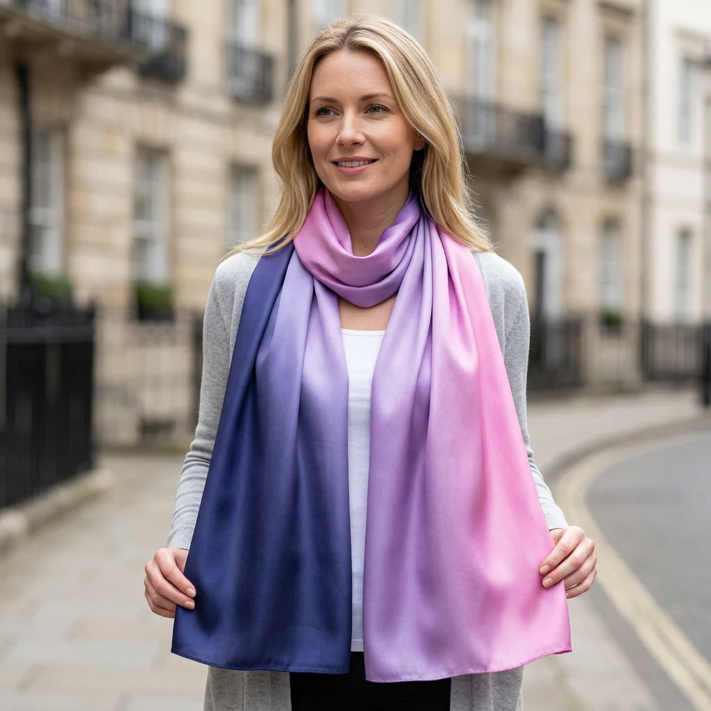 Woman wearing the pink and blue ombre satin scarf long at the neck on a London street