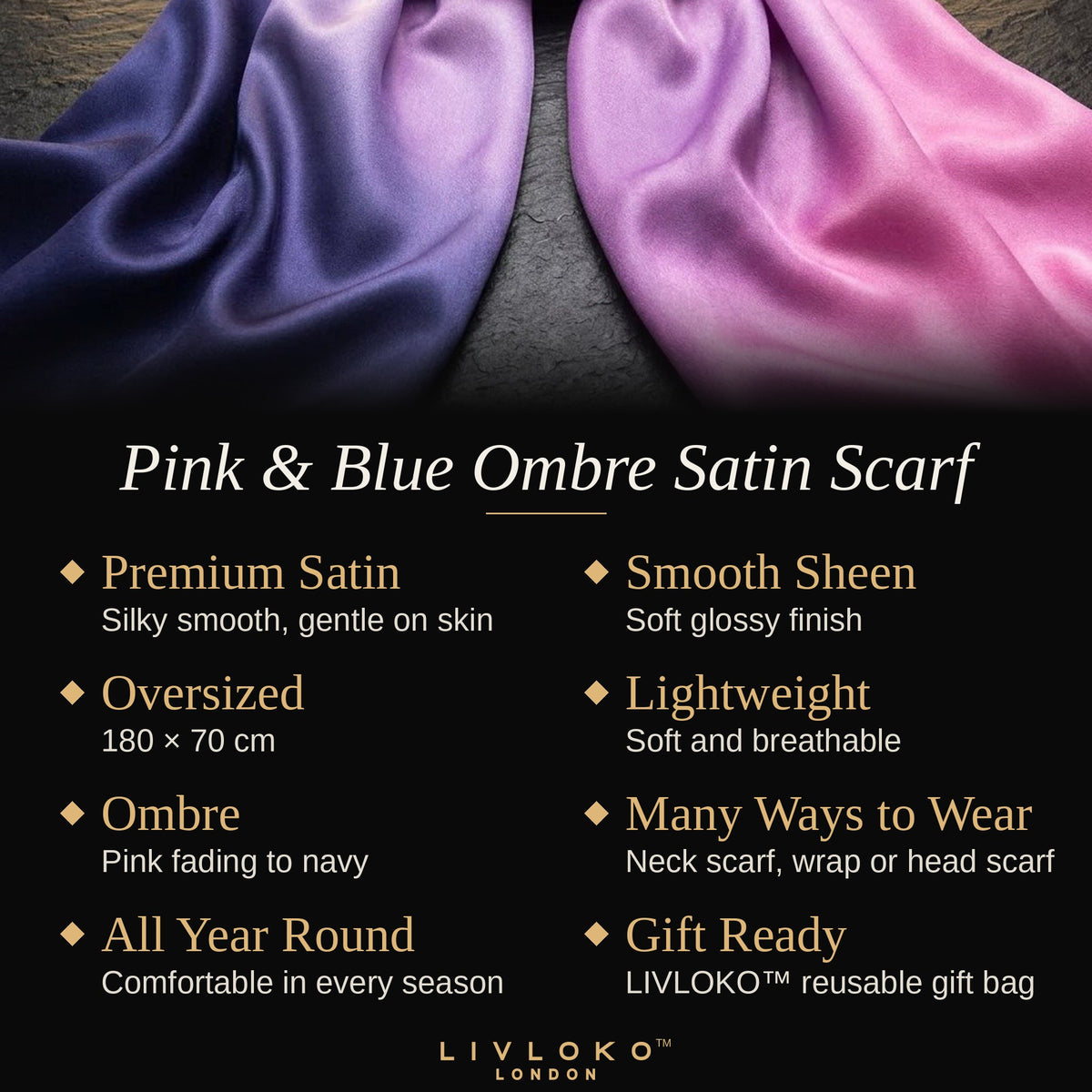 Key features of the Livloko London pink and blue ombre satin scarf